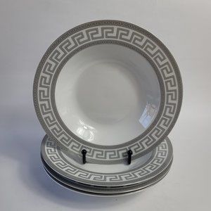 FOUR Joseph Sedgh Greek Key Platinum Soup Bowls White Gray Greek Key Rim
